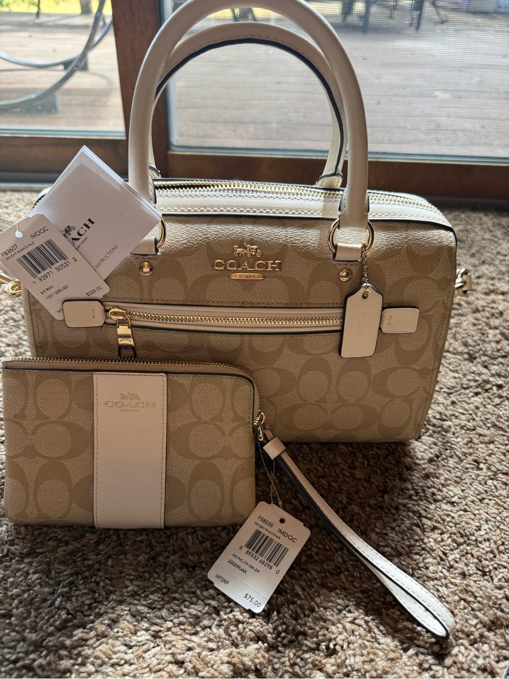 Coach Beige Signature Satchel with Matching Wristlet